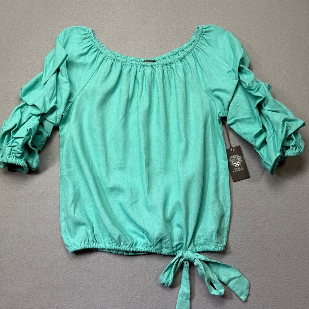 Vince Camuto Women's Linen-Blend Off-the-Shoulder Blouse Ocean Tide Small $69